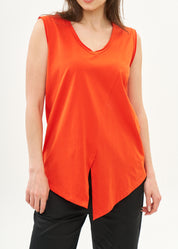 V-neck tank top with diagonal stitching and red highlights