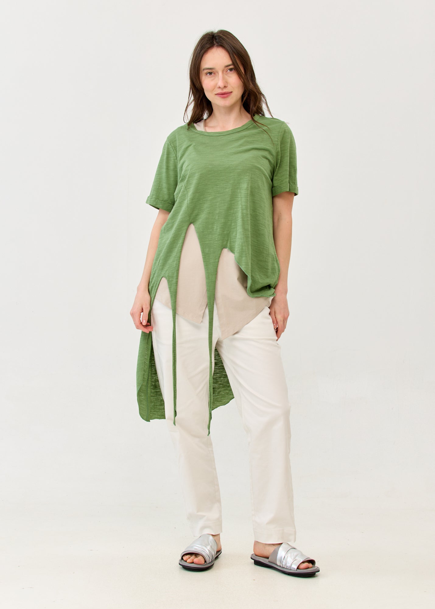 Short-sleeve tunic with front tie, green