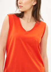 V-neck tank top with diagonal stitching and red highlights