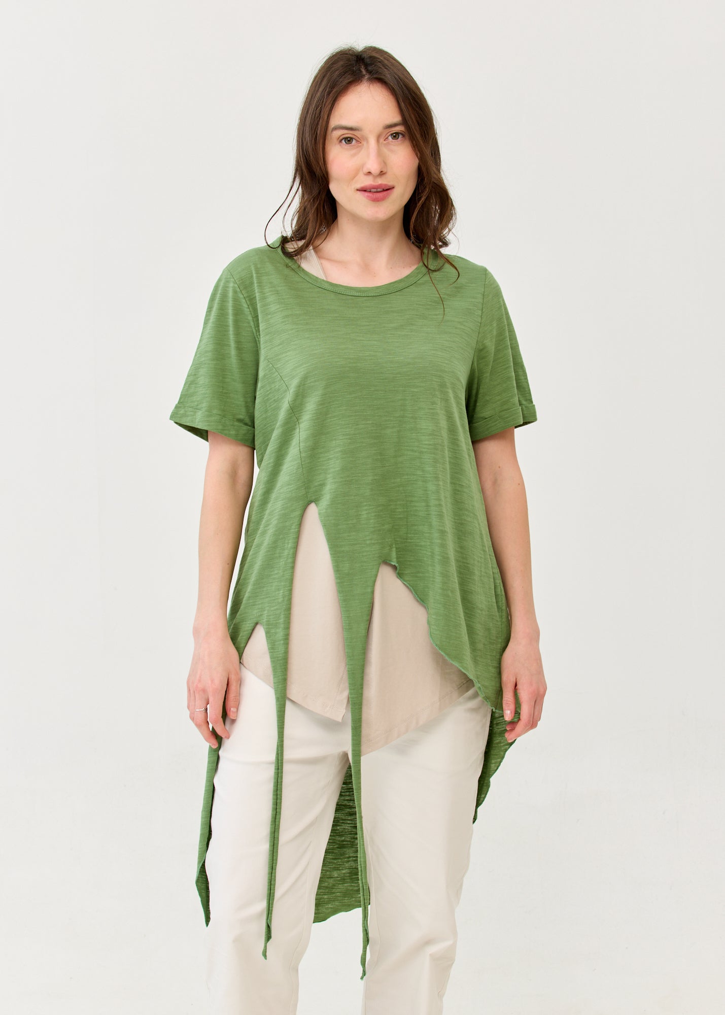 Short-sleeve tunic with front tie, green