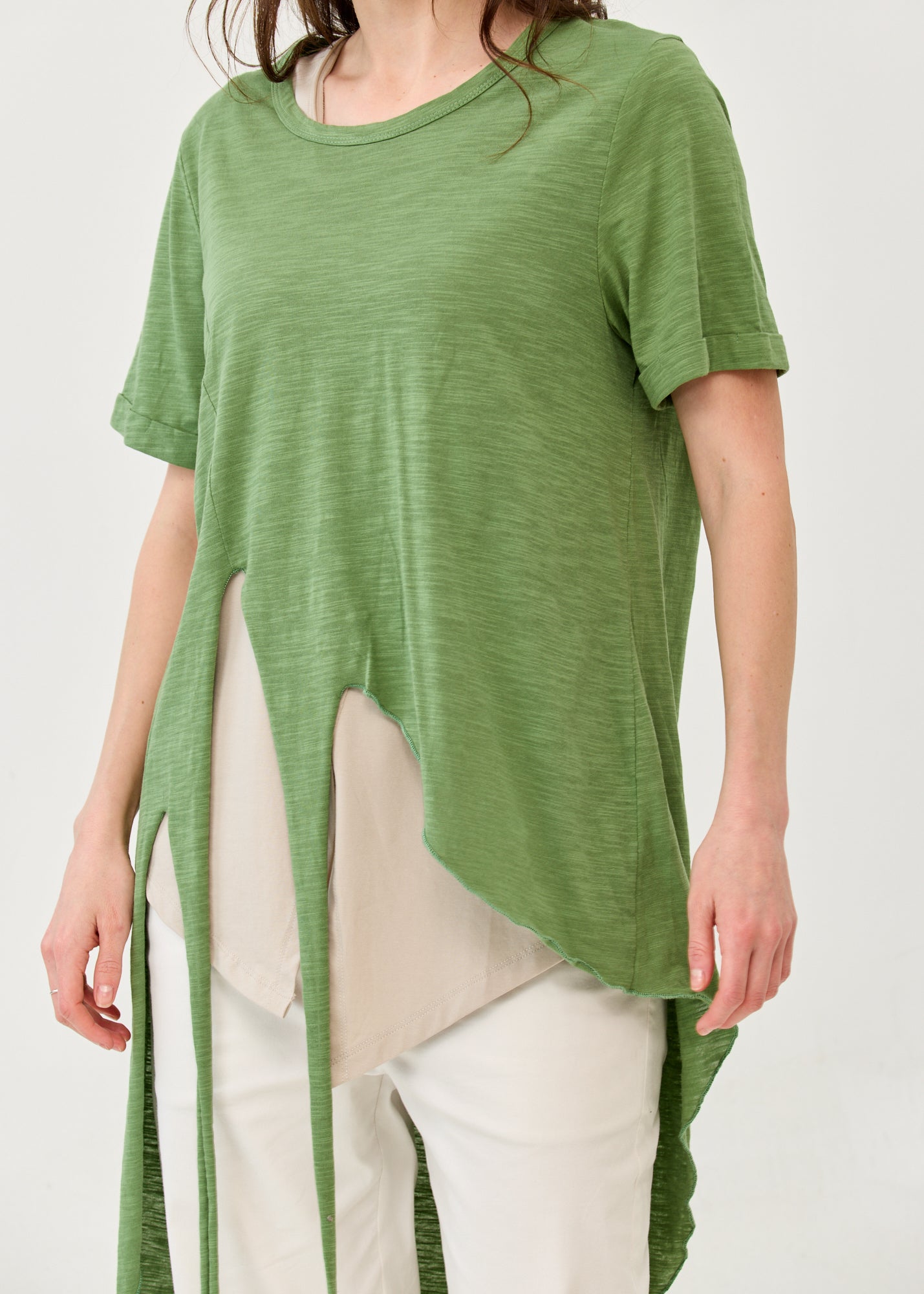 Short-sleeve tunic with front tie, green