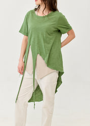 Short-sleeve tunic with front tie, green