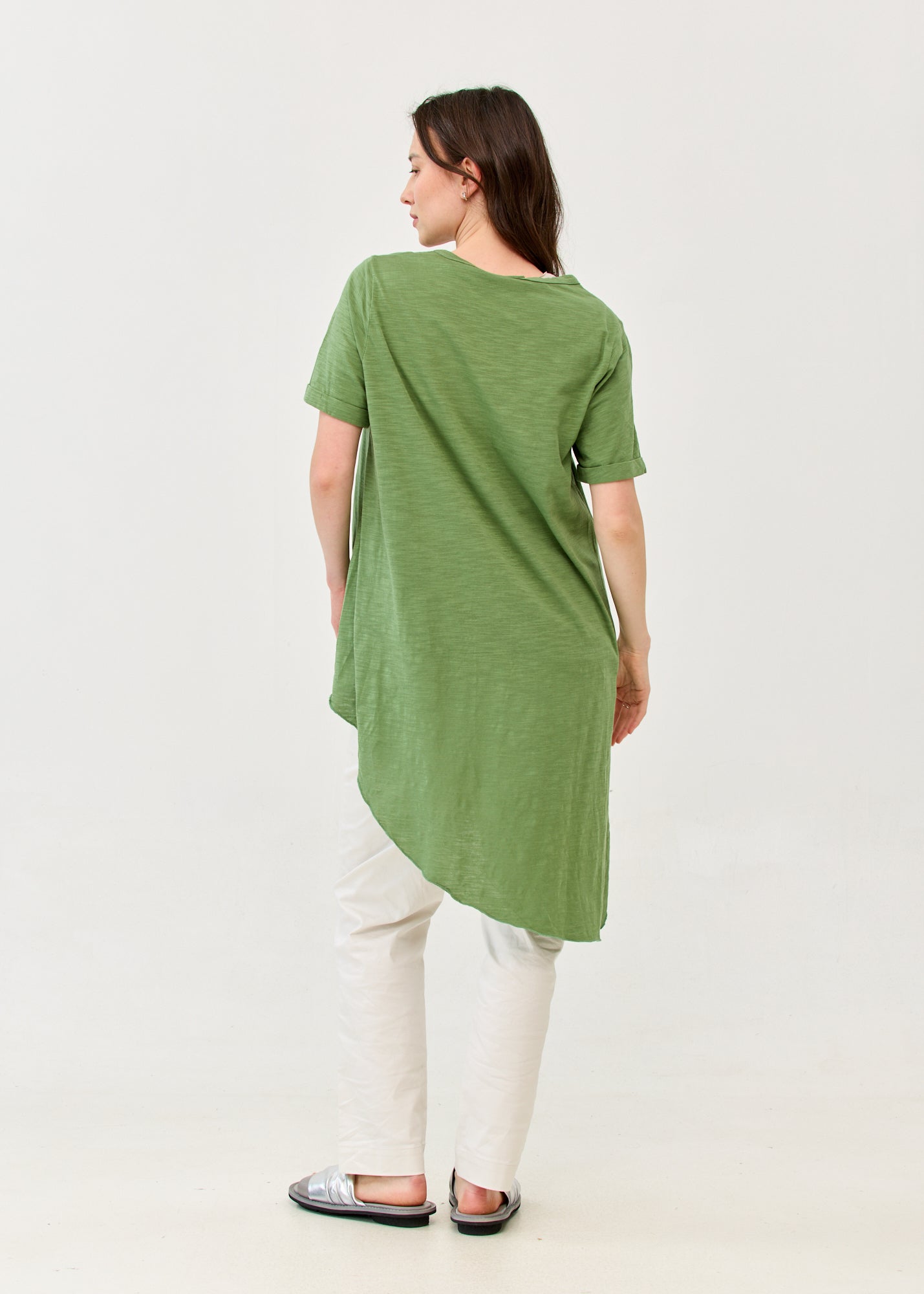 Short-sleeve tunic with front tie, green