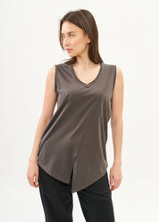 V-neck tank top with diagonal stitching and gray flares