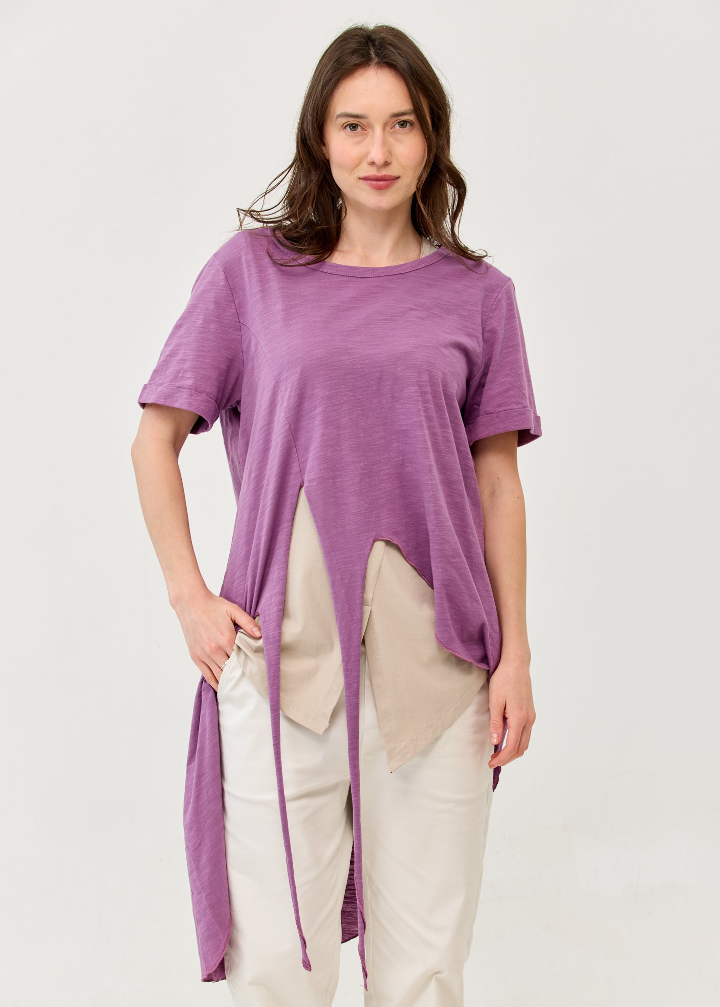 Short-sleeved tunic with front tie, purple