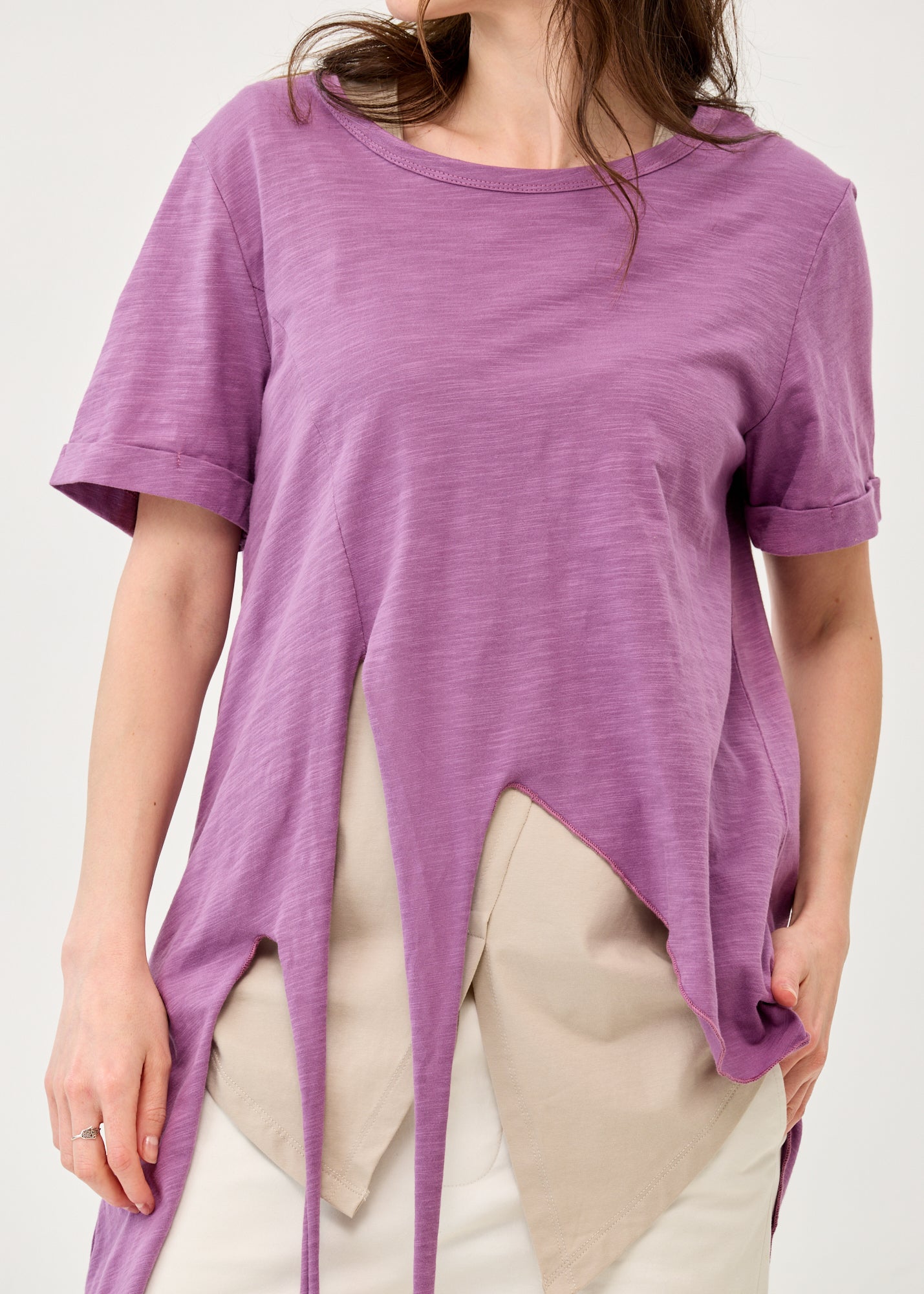 Short-sleeved tunic with front tie, purple