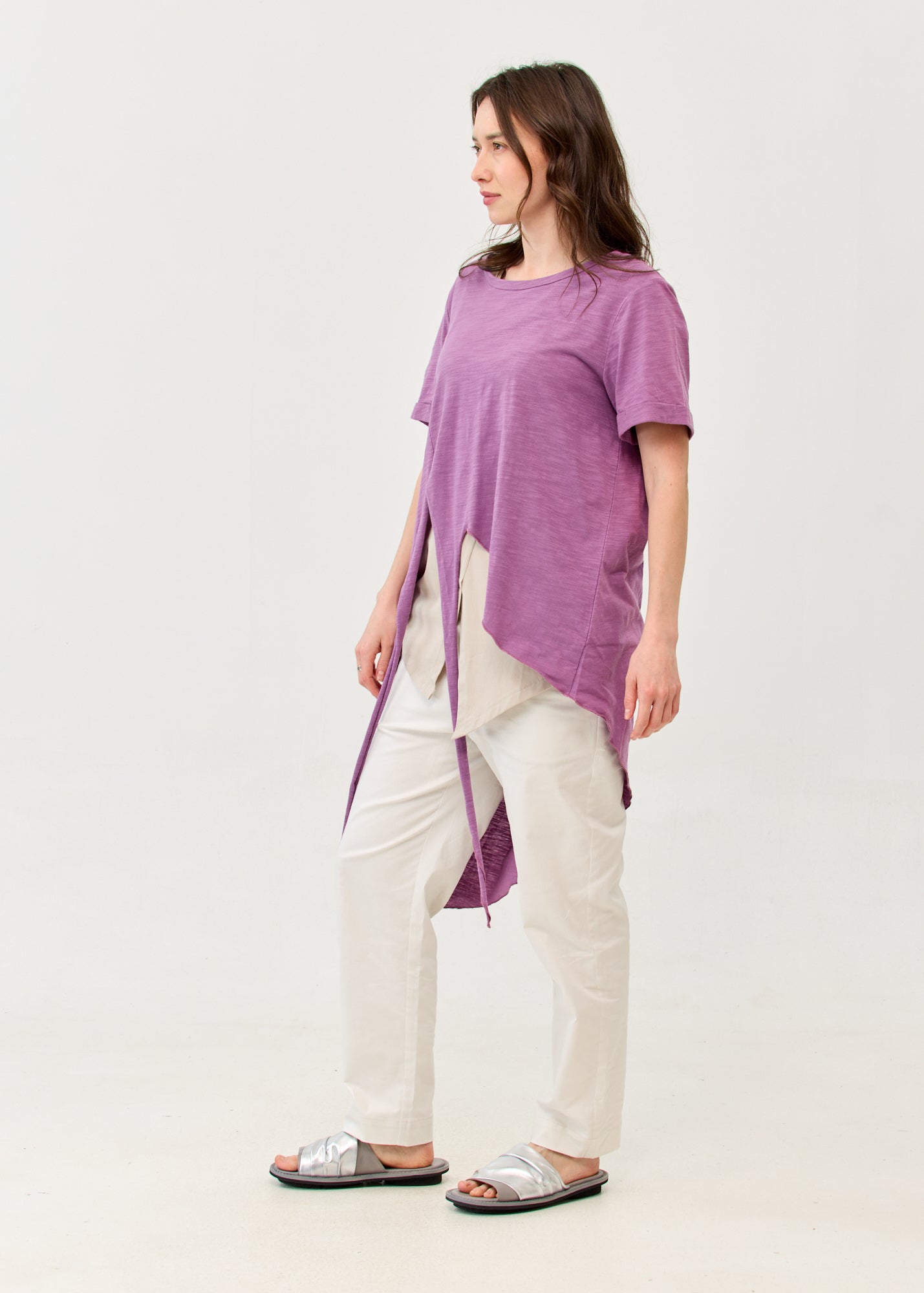 Short-sleeved tunic with front tie, purple
