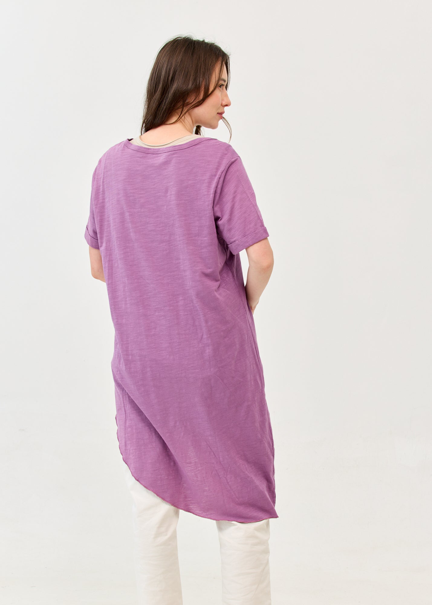 Short-sleeved tunic with front tie, purple
