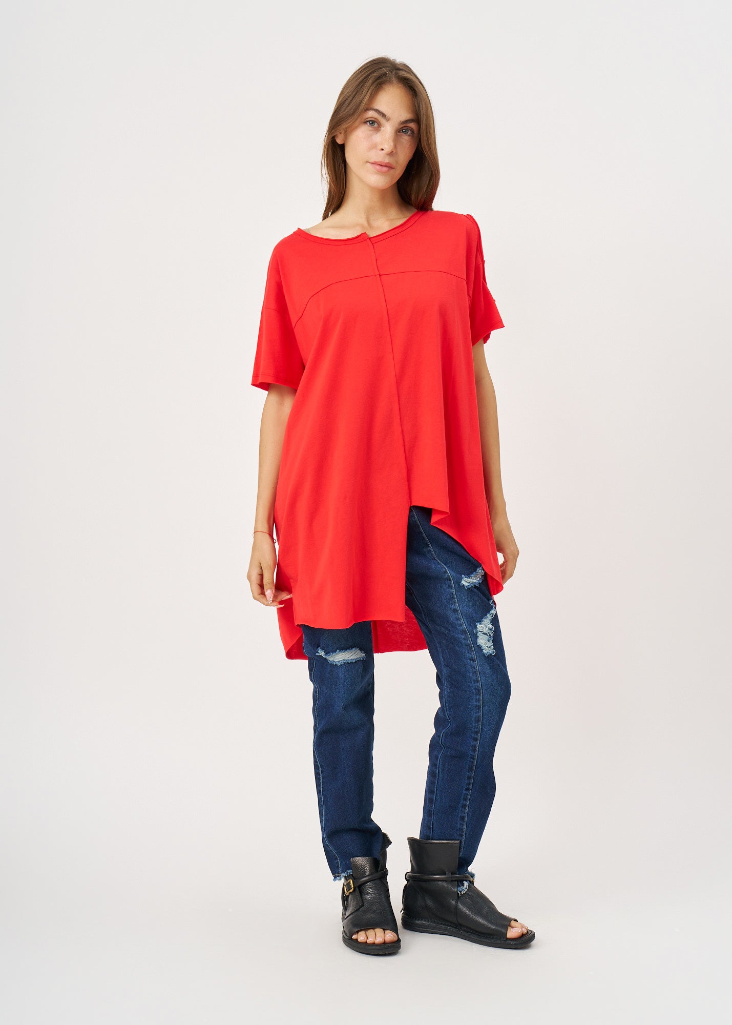 Red Asymmetrical Sleeve Open Shirt