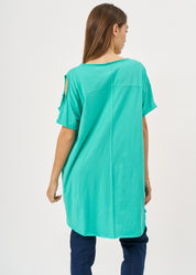 Turquoise open-sleeve shirt with asymmetrical hem