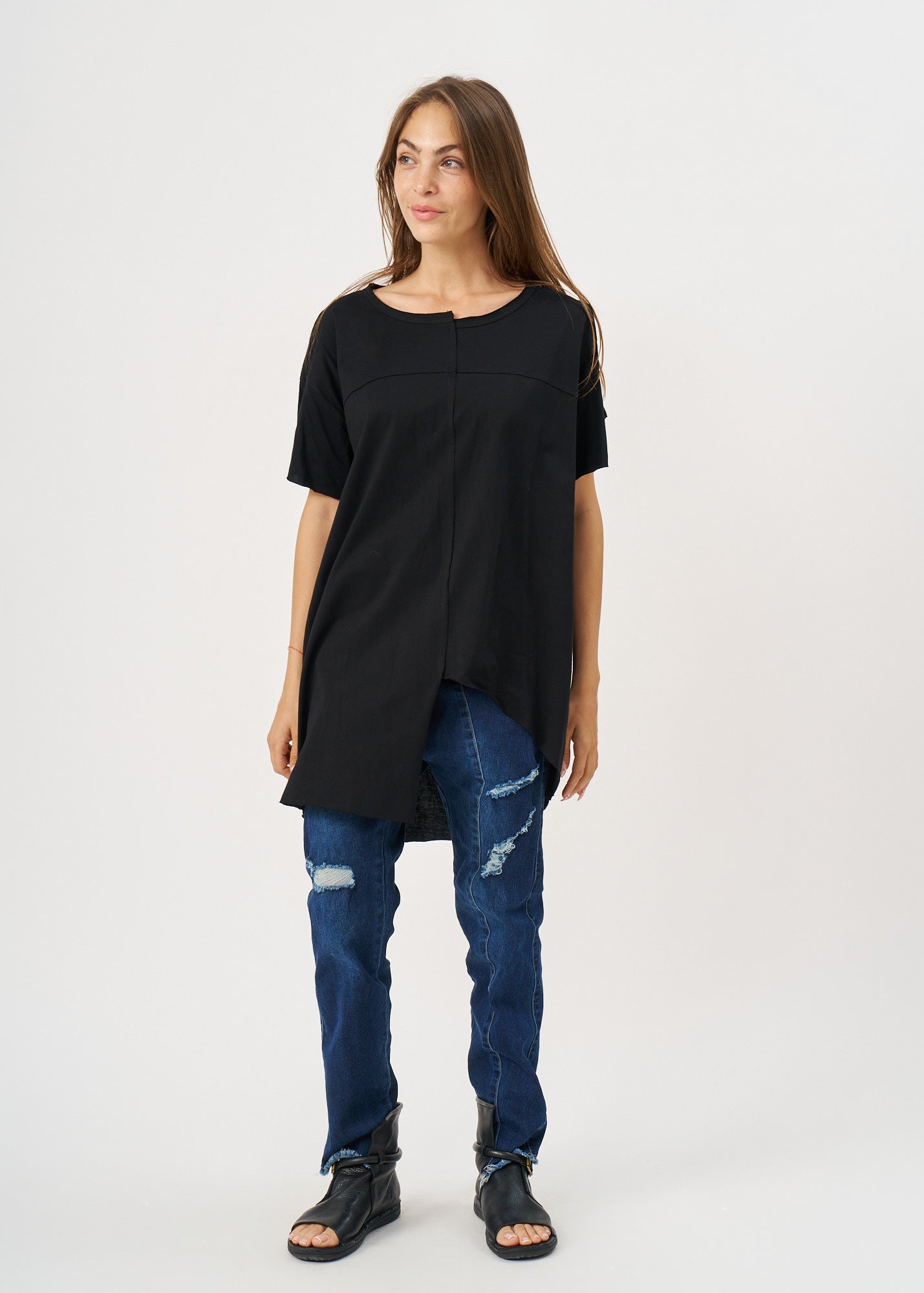 Black Asymmetrical Sleeve Open Shirt