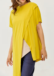 Mustard short sleeve tunic with diagonal cut