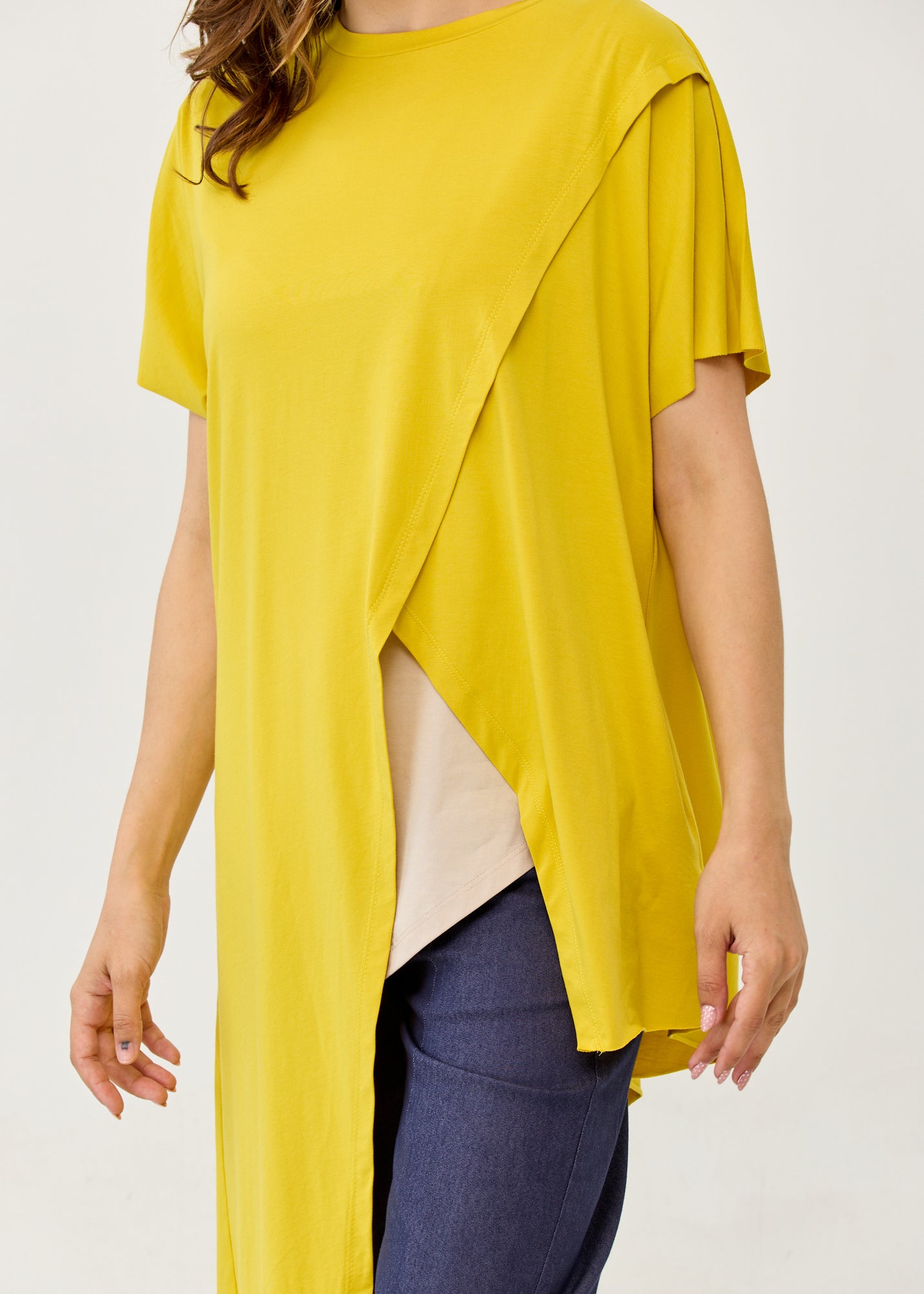 Mustard short sleeve tunic with diagonal cut