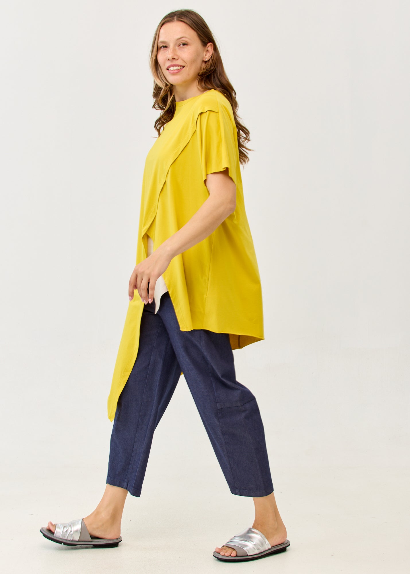 Mustard short sleeve tunic with diagonal cut