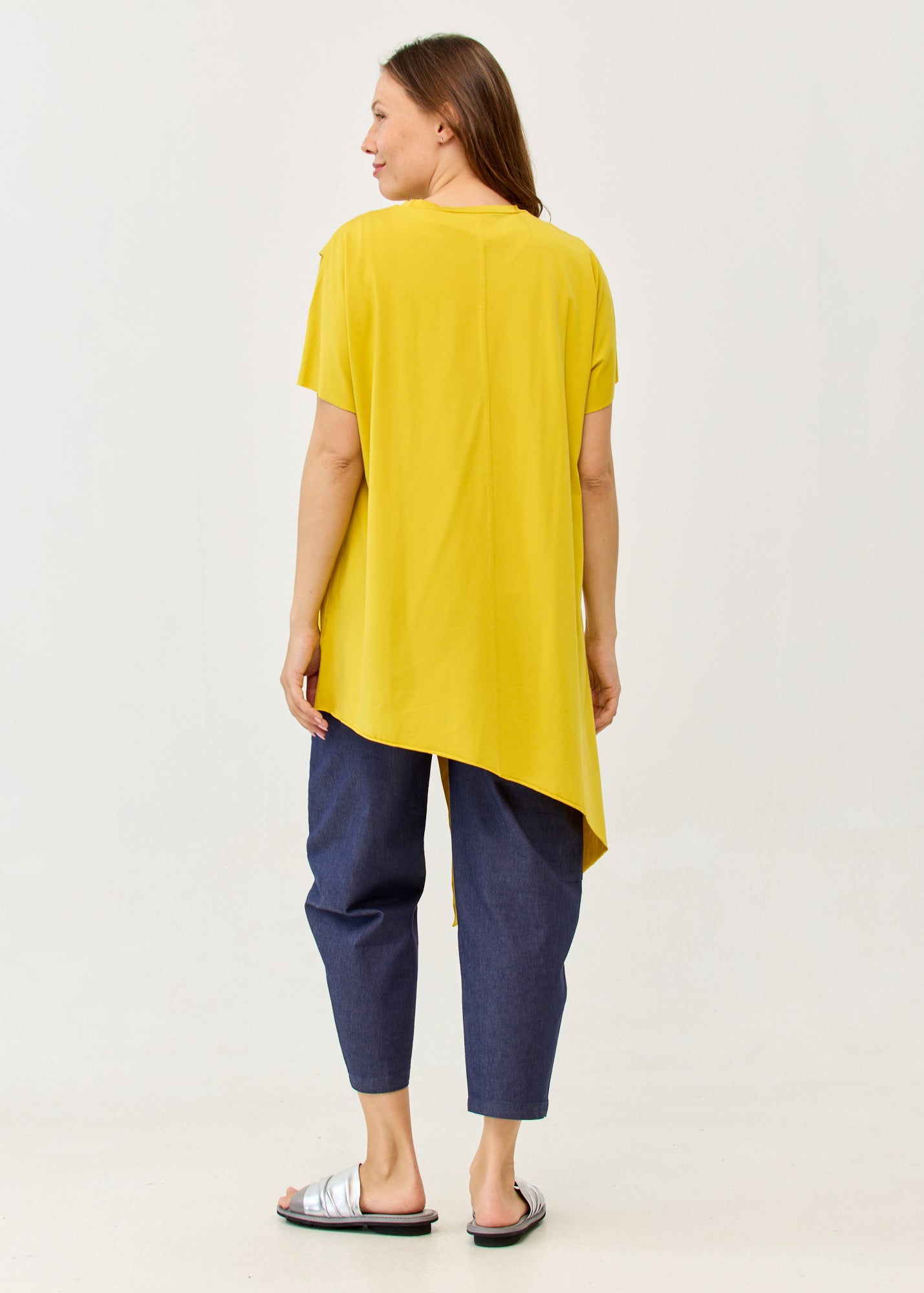 Mustard short sleeve tunic with diagonal cut
