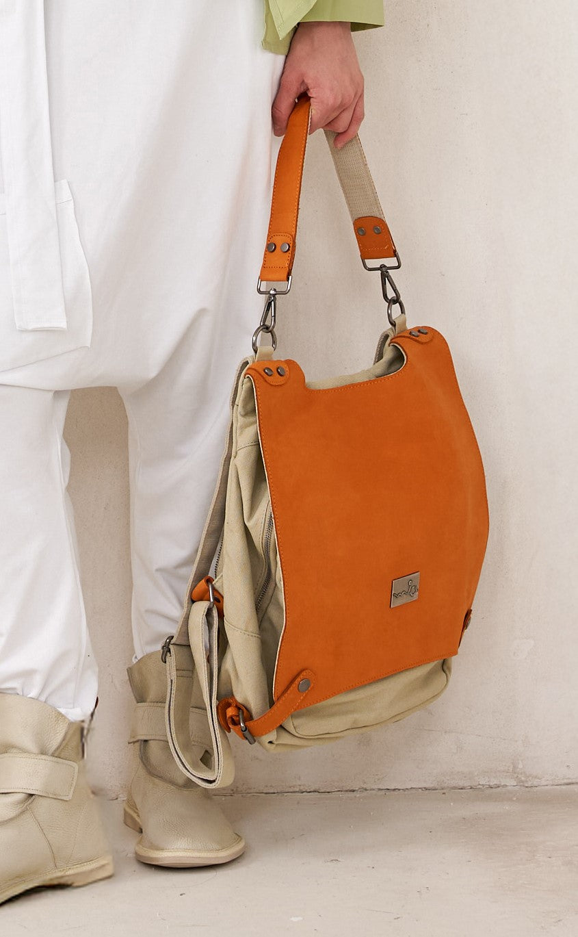 Coffee Leather Clasp Back Canvas Bag