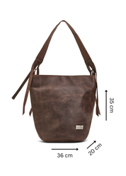 Leather and canvas bucket bag with adjustable strap, brown