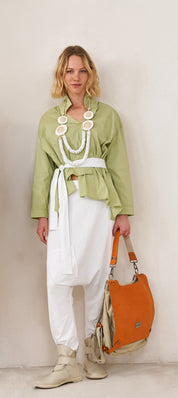 Coffee Leather Clasp Back Canvas Bag