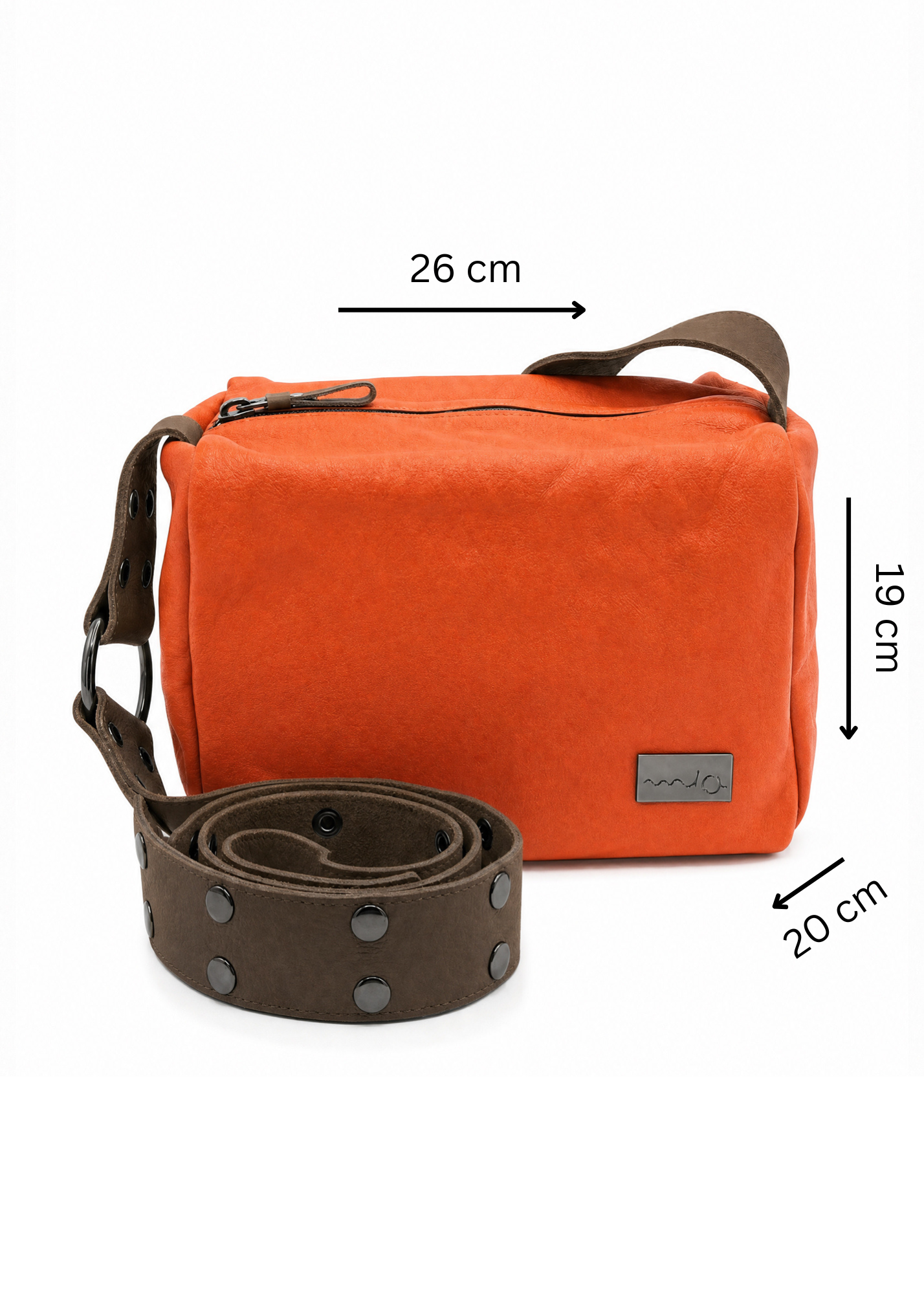 Leather strap bag with orange snaps