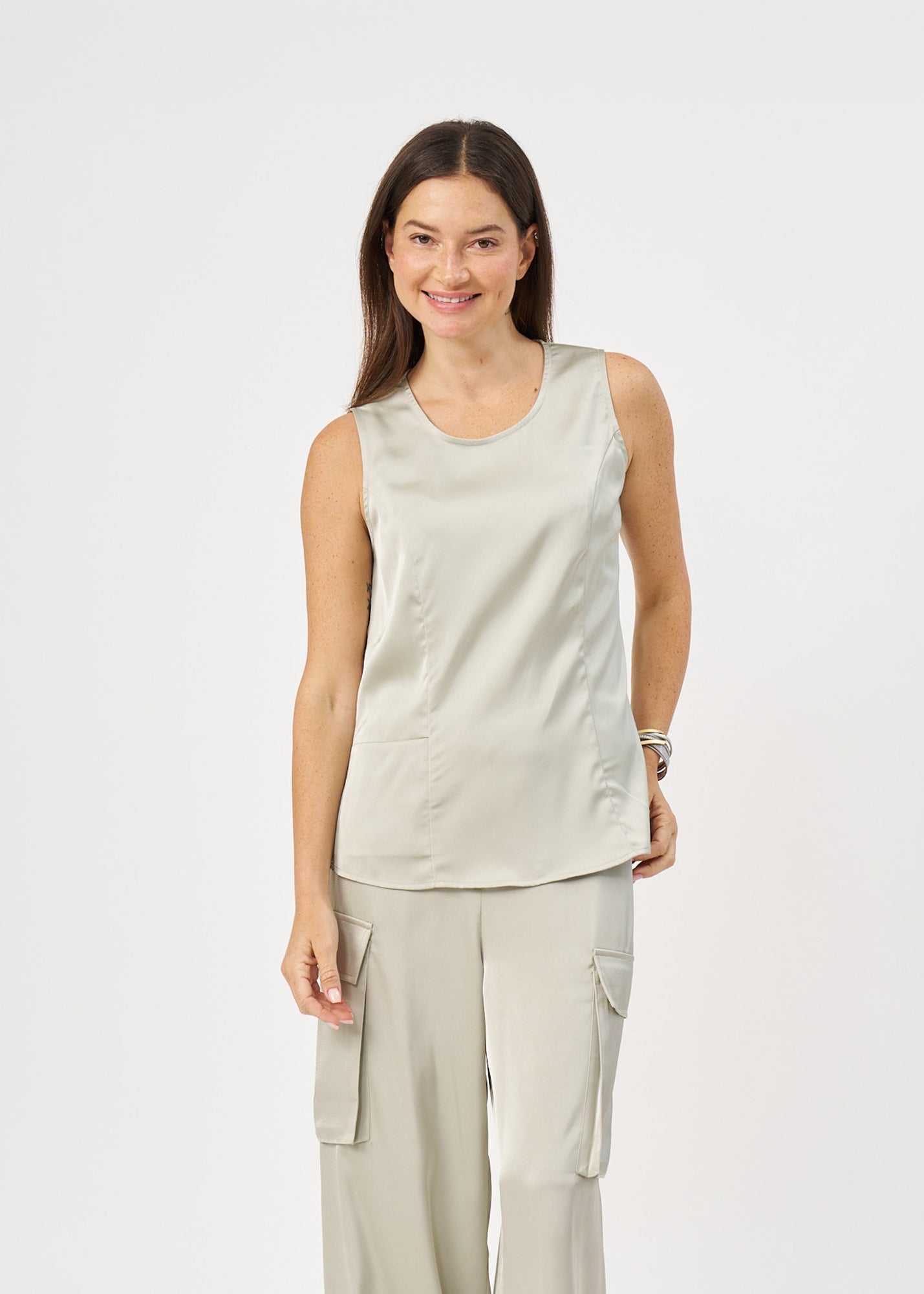 Green satin pocket tank top
