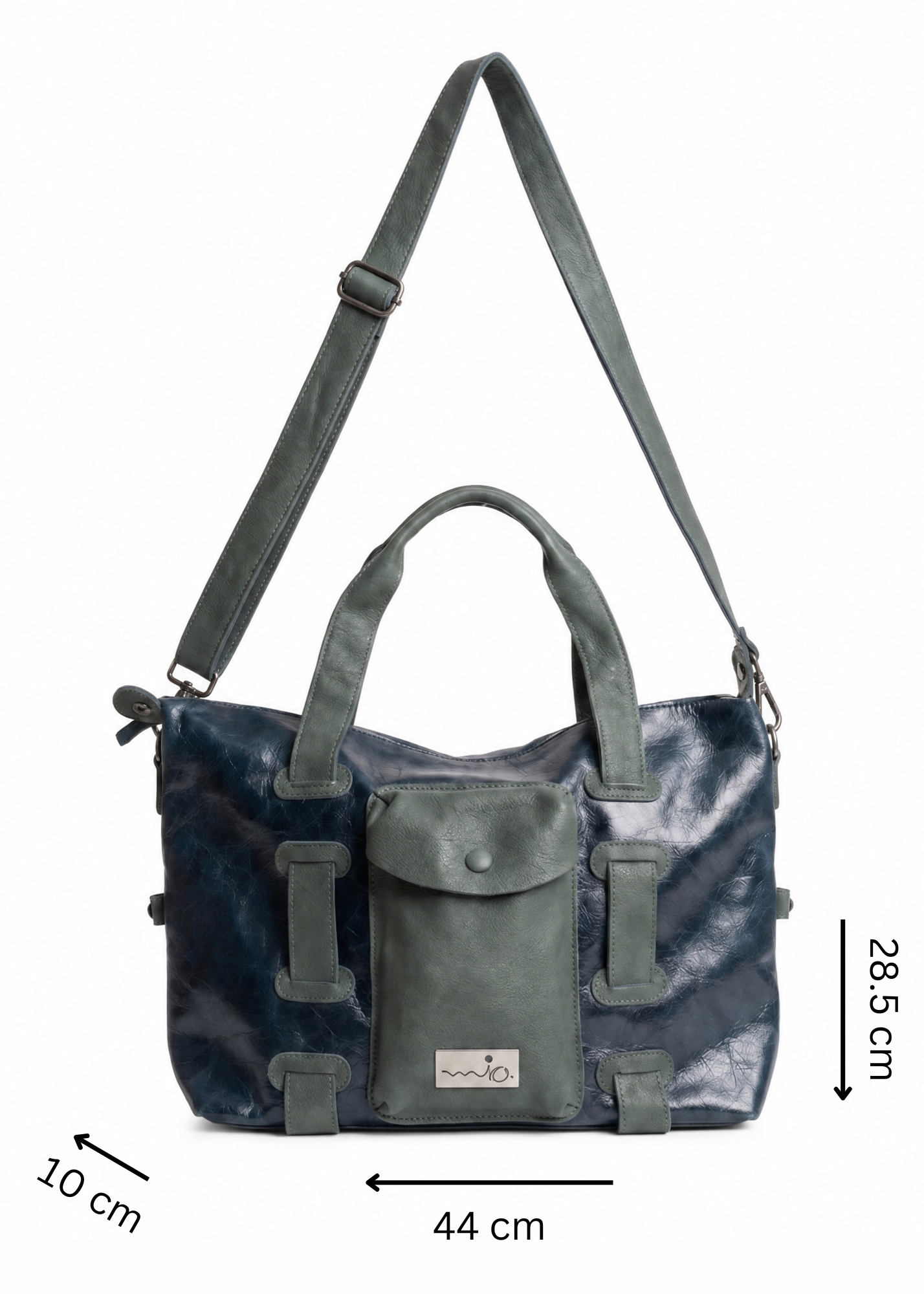 Leather bag with a strap and pocket, blue color combination