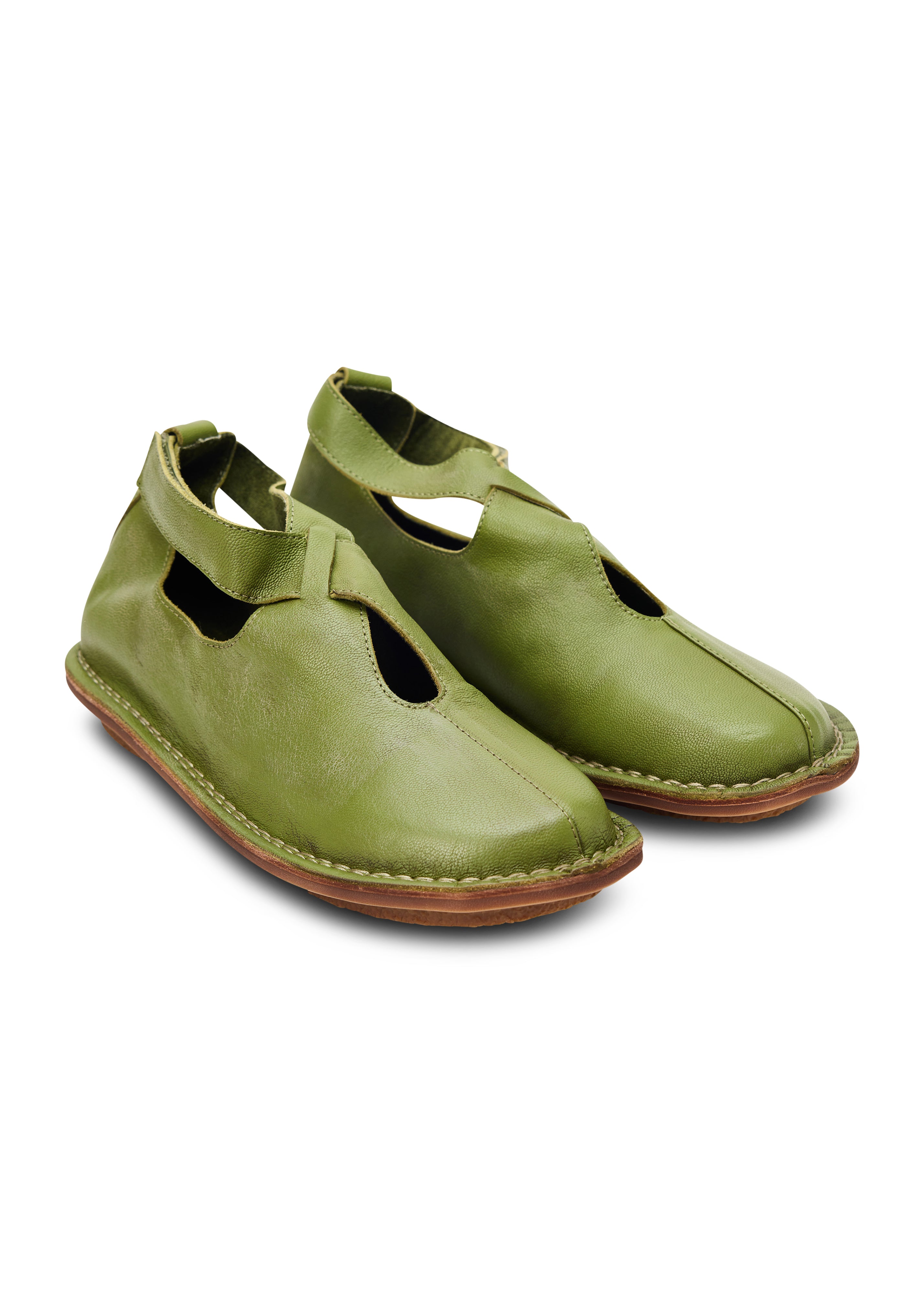 Women's soft leather closed shoes with green Velcro