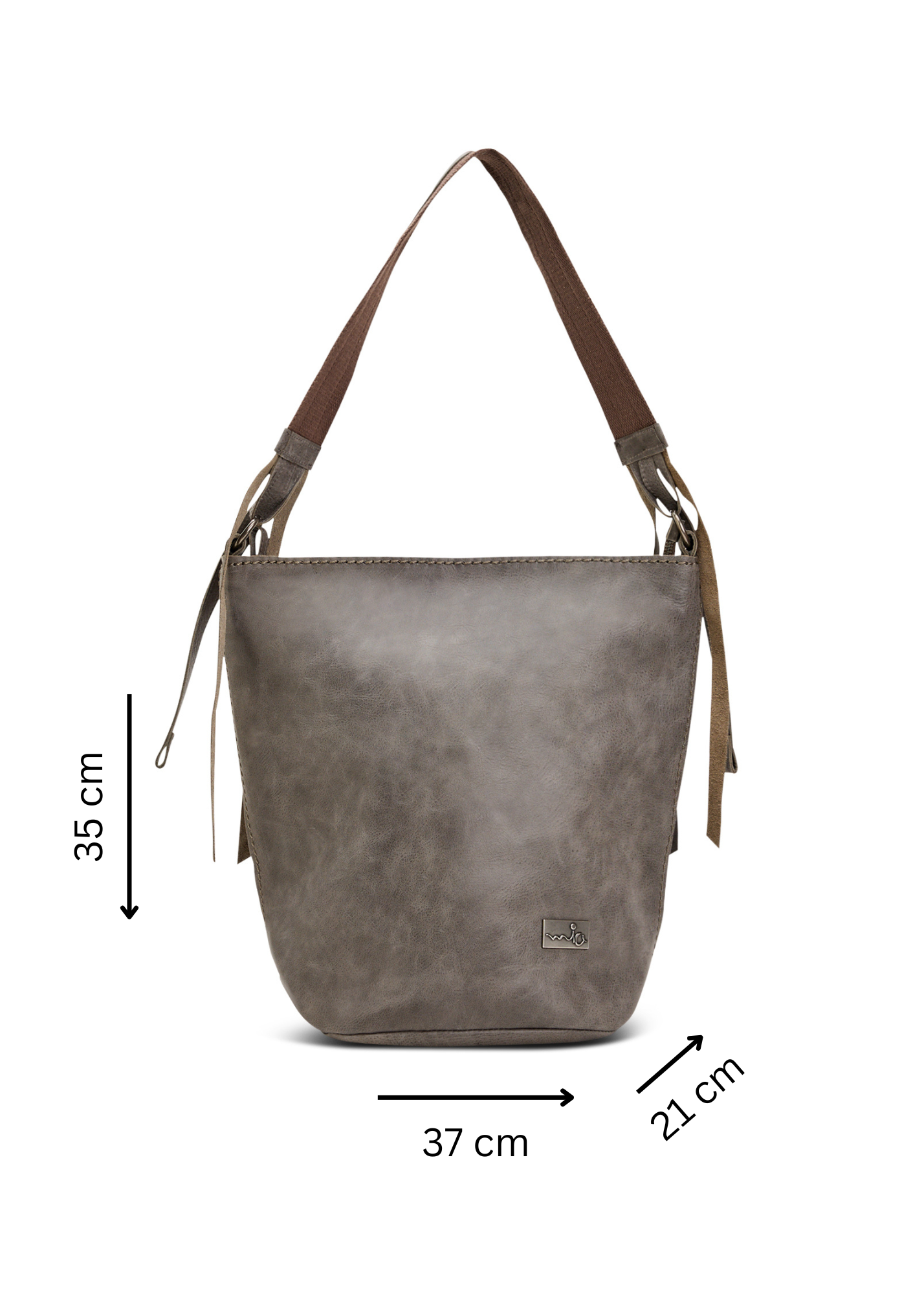 Grey leather bucket bag with adjustable strap