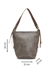 Grey leather bucket bag with adjustable strap