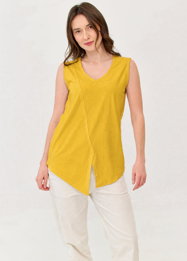Mustard camisole with diagonal stitching and lace trim