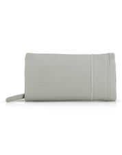 Rectangular wallet with a sewn-on outer gray embossed strap