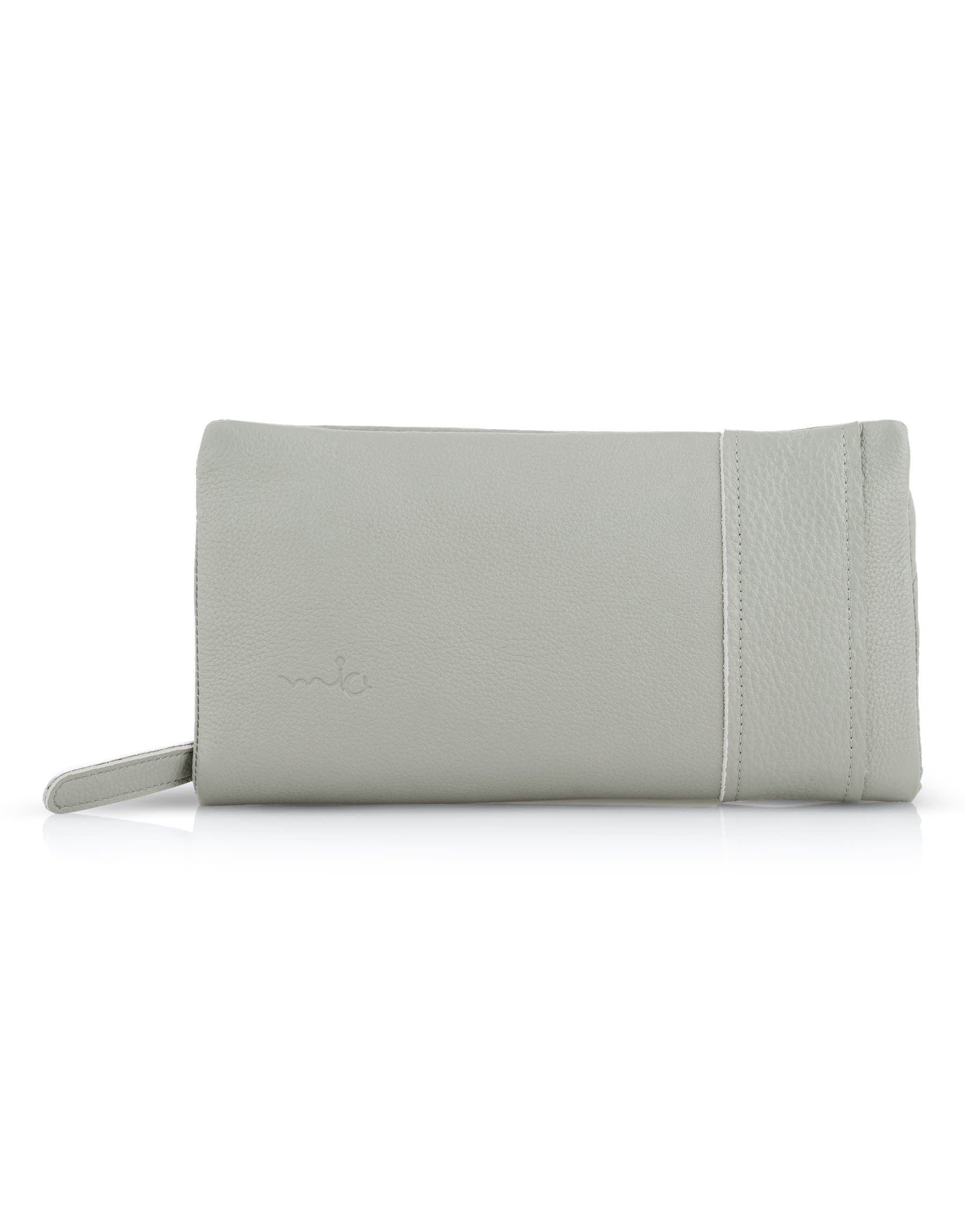 Rectangular wallet with a sewn-on outer gray embossed strap