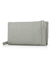 Rectangular wallet with a sewn-on outer gray embossed strap