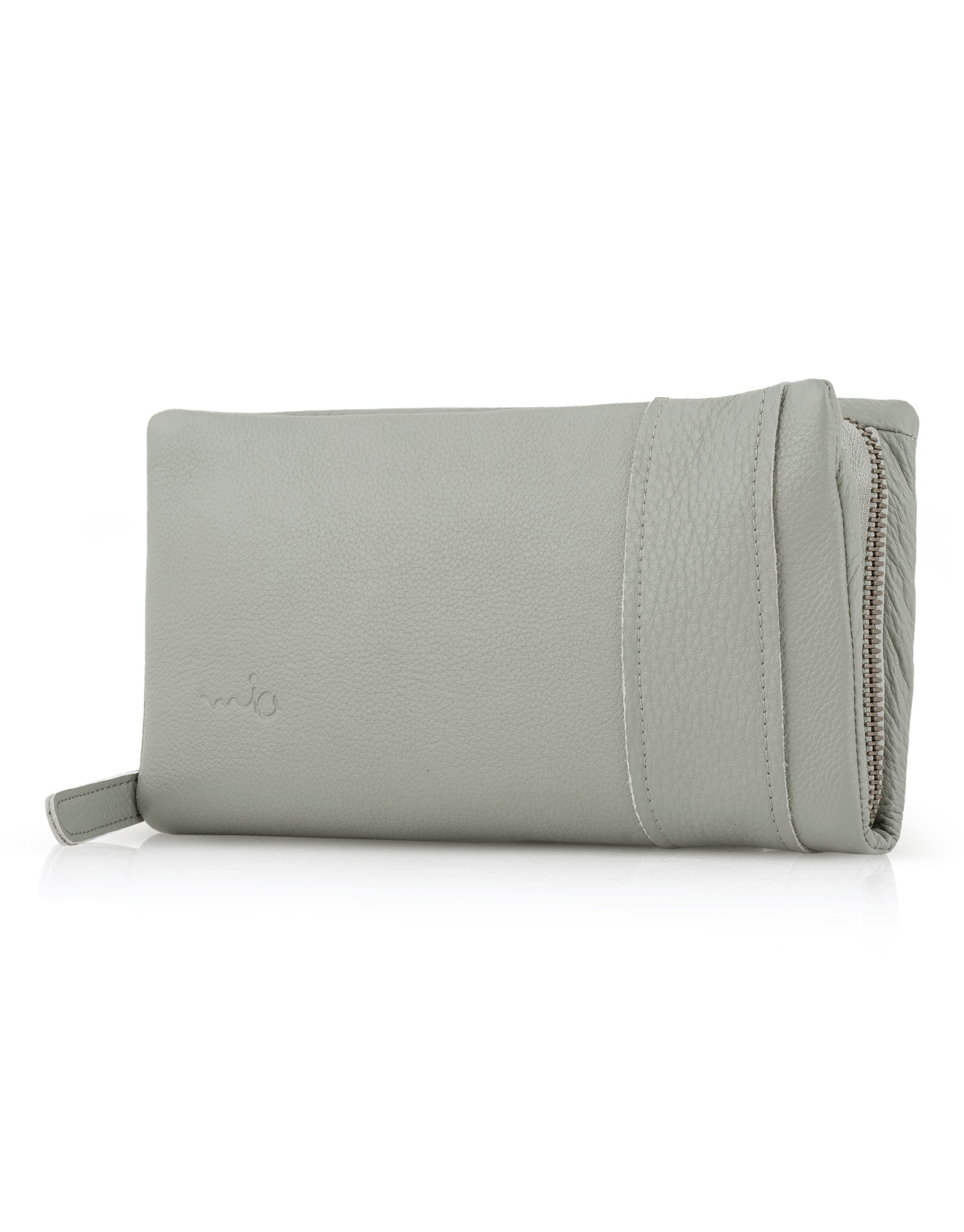 Rectangular wallet with a sewn-on outer gray embossed strap