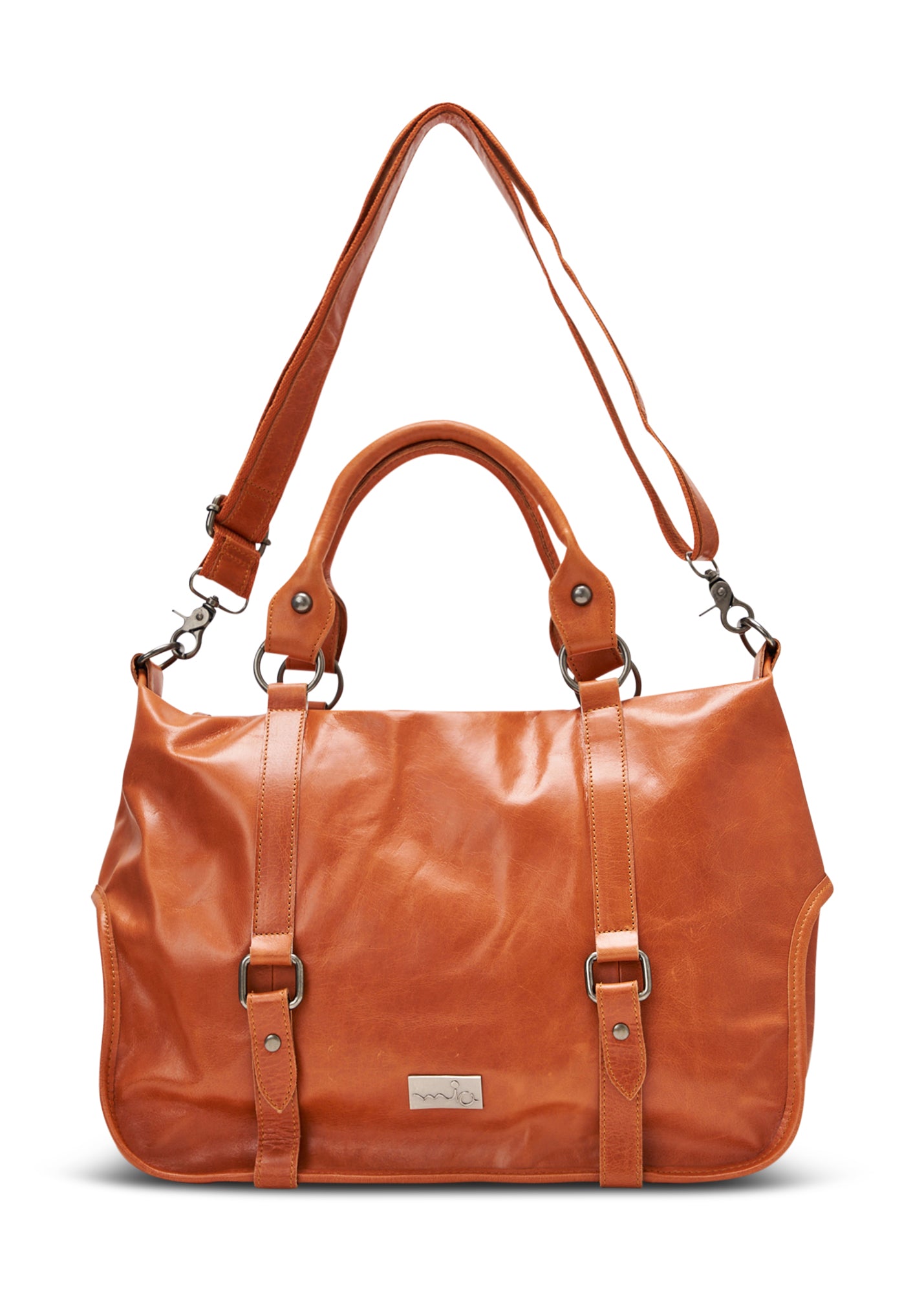 Side leather bag with a combination of brown straps