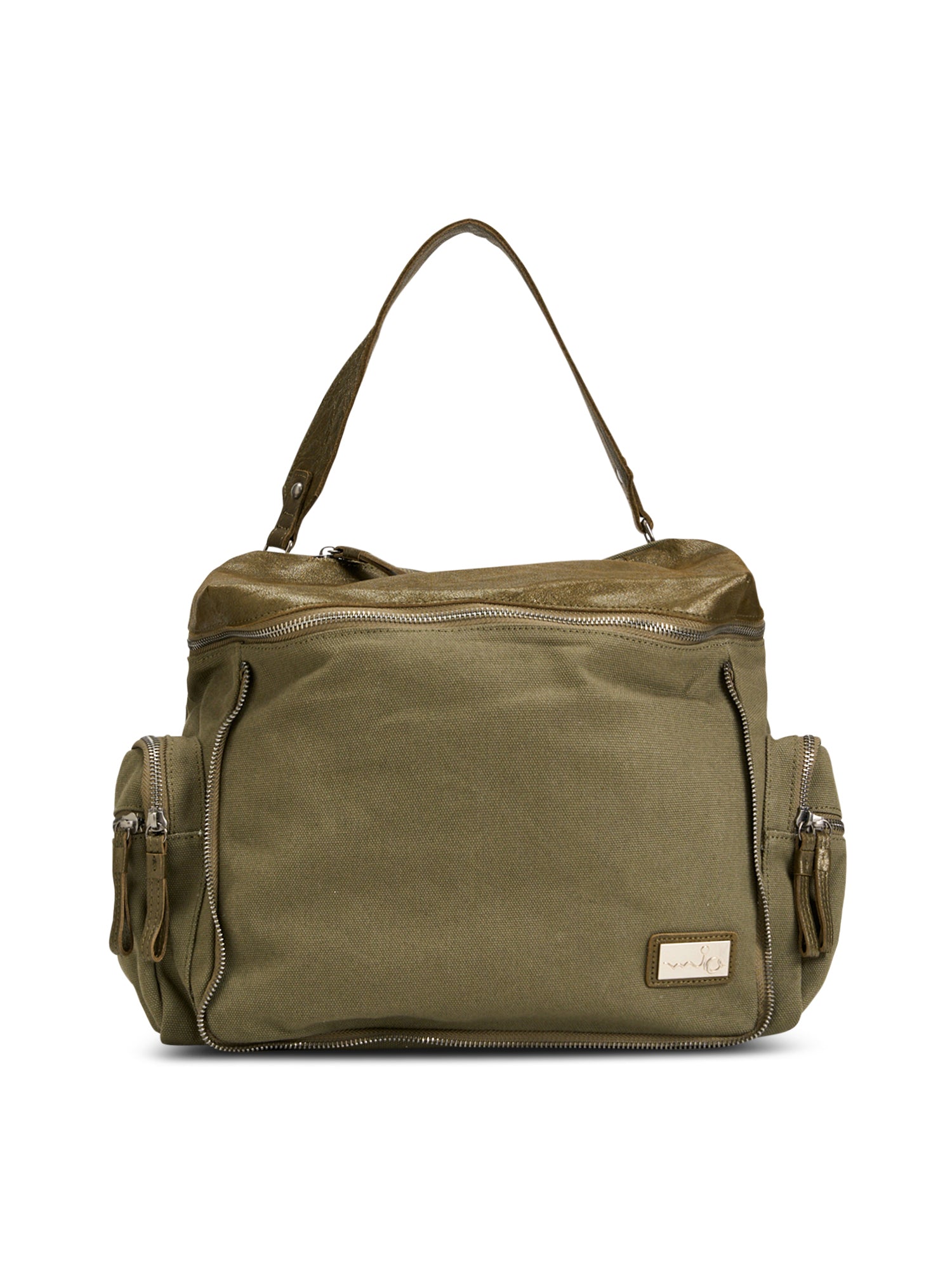 Dark green canvas and leather top zip backpack