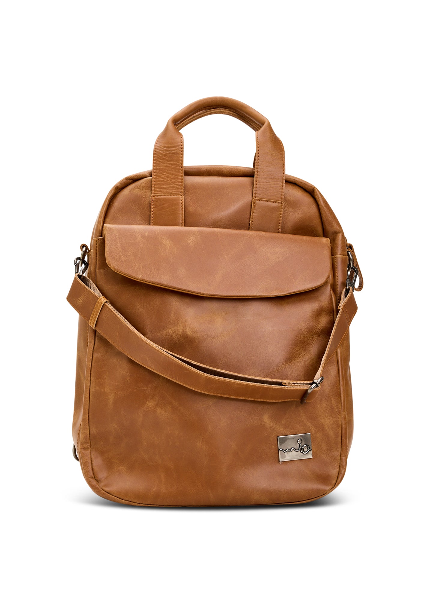 Brown leather backpack with large front pocket