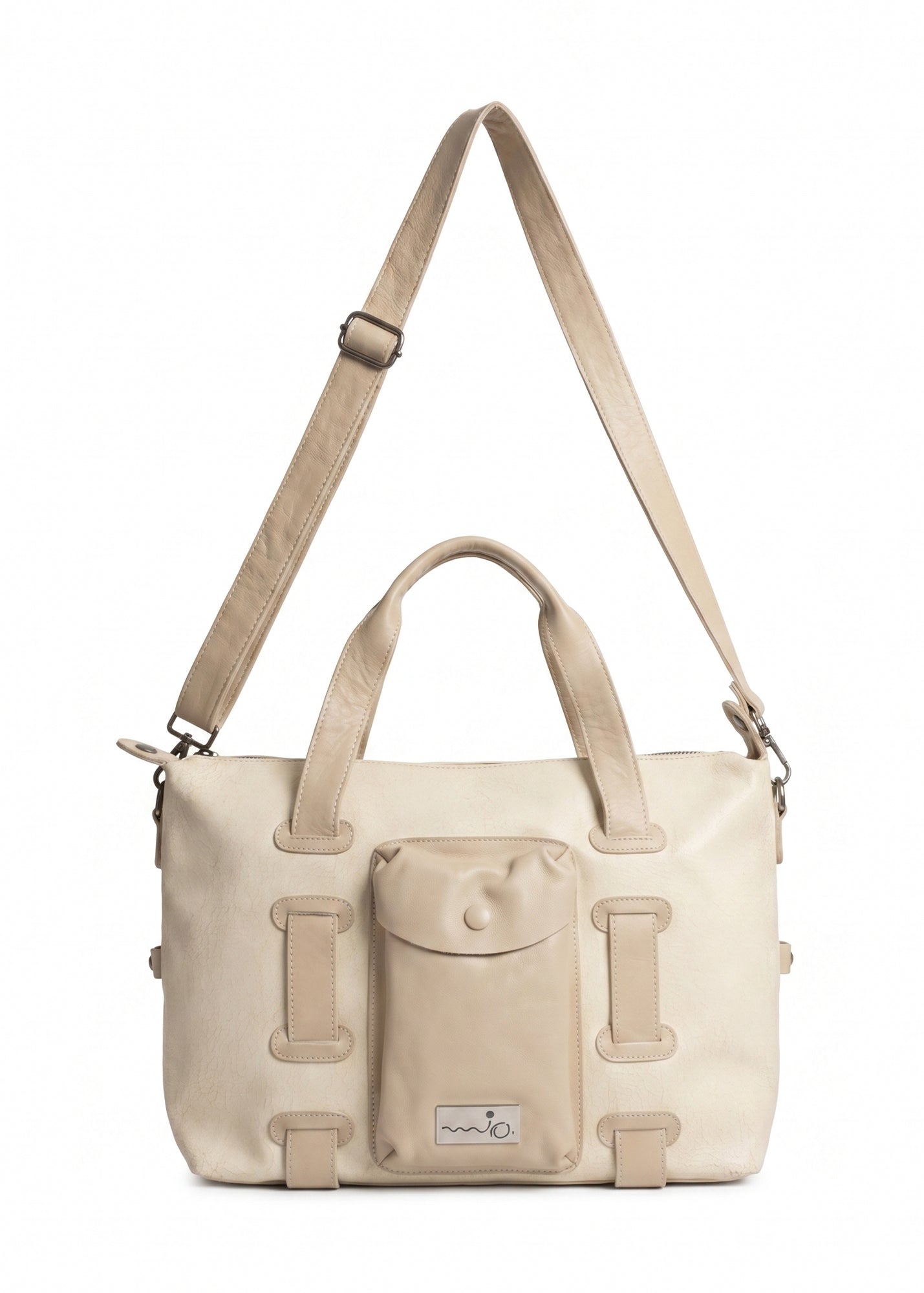 Leather bag, strap, and pocket, white color combination