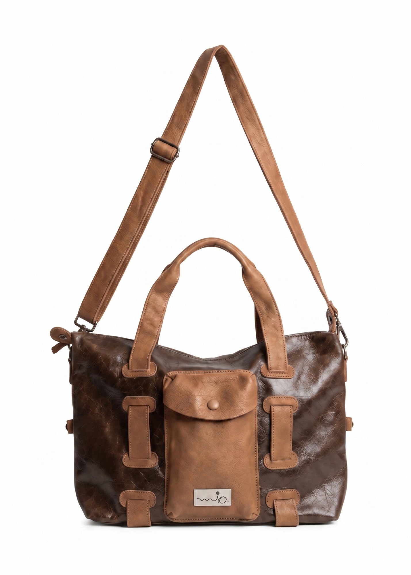 Brown leather bag, strap and pocket combination