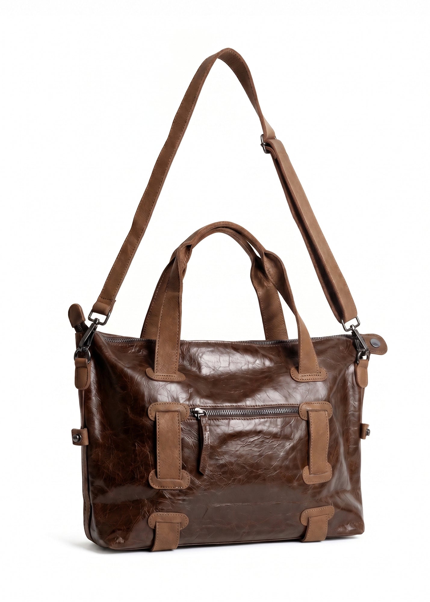 Brown leather bag, strap and pocket combination