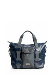 Leather bag with a strap and pocket, blue color combination