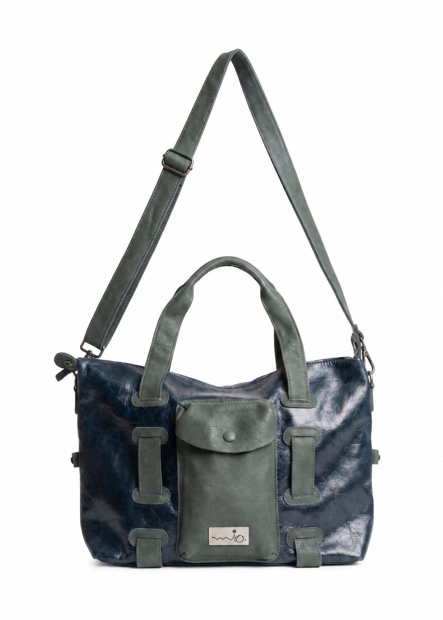 Leather bag with a strap and pocket, blue color combination