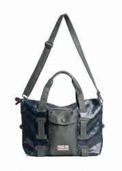 Leather bag with a strap and pocket, blue color combination