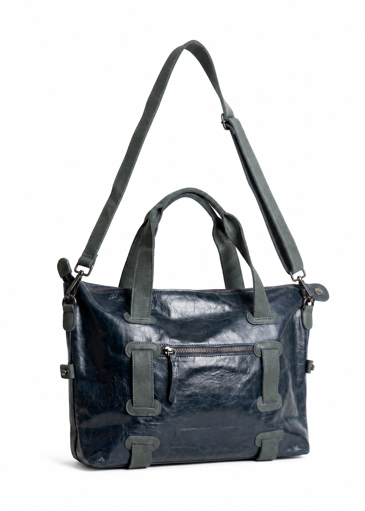 Leather bag with a strap and pocket, blue color combination