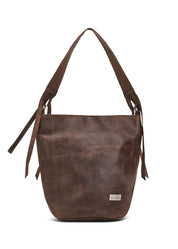 Leather and canvas bucket bag with adjustable strap, brown