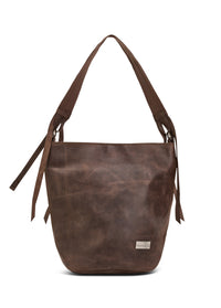 Leather and canvas bucket bag with adjustable strap, brown - 99
