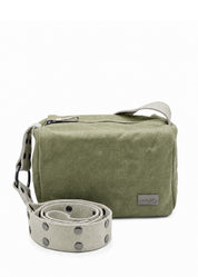 Green leather strap bag with snaps