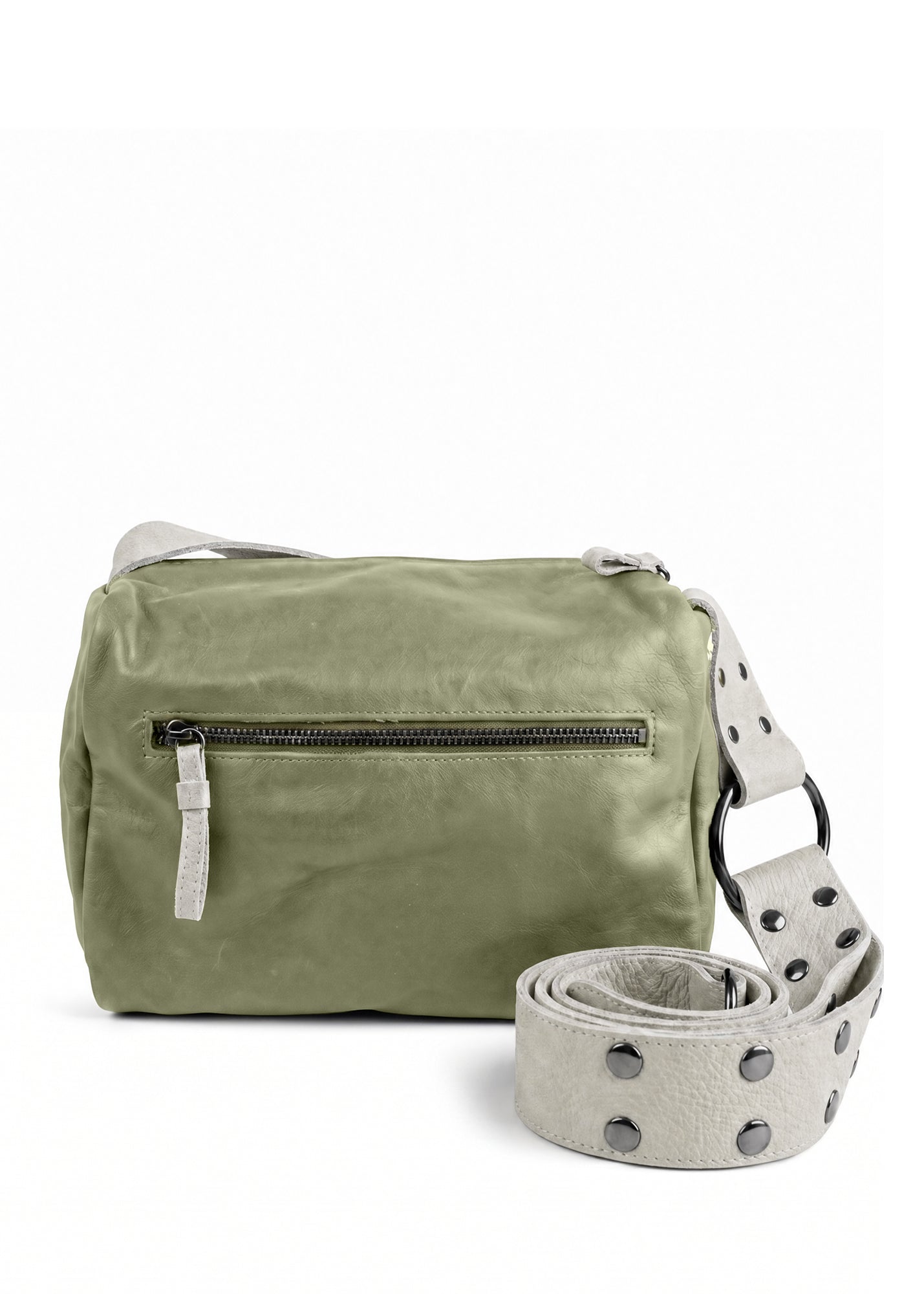 Green leather strap bag with snaps