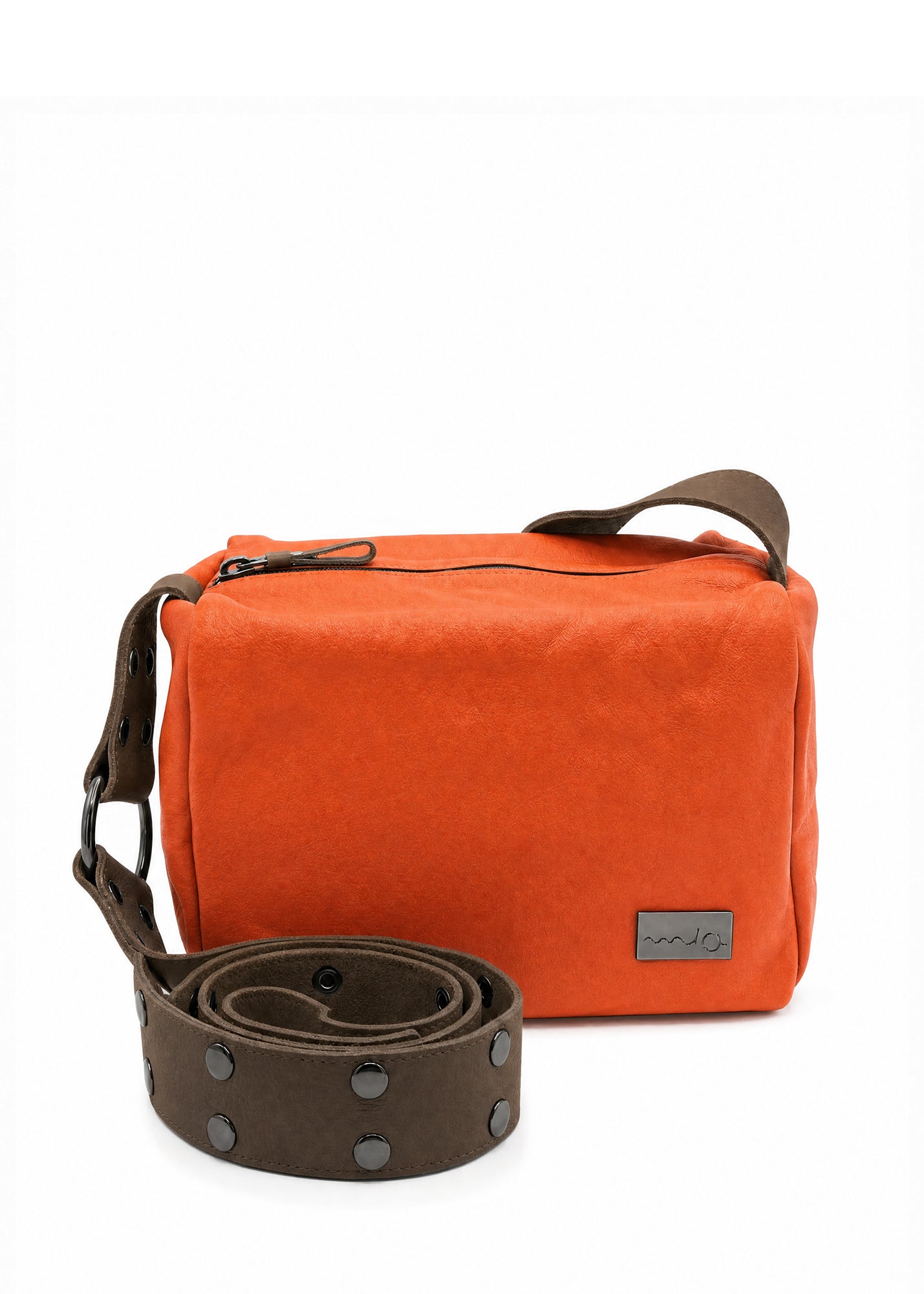 Leather strap bag with orange snaps