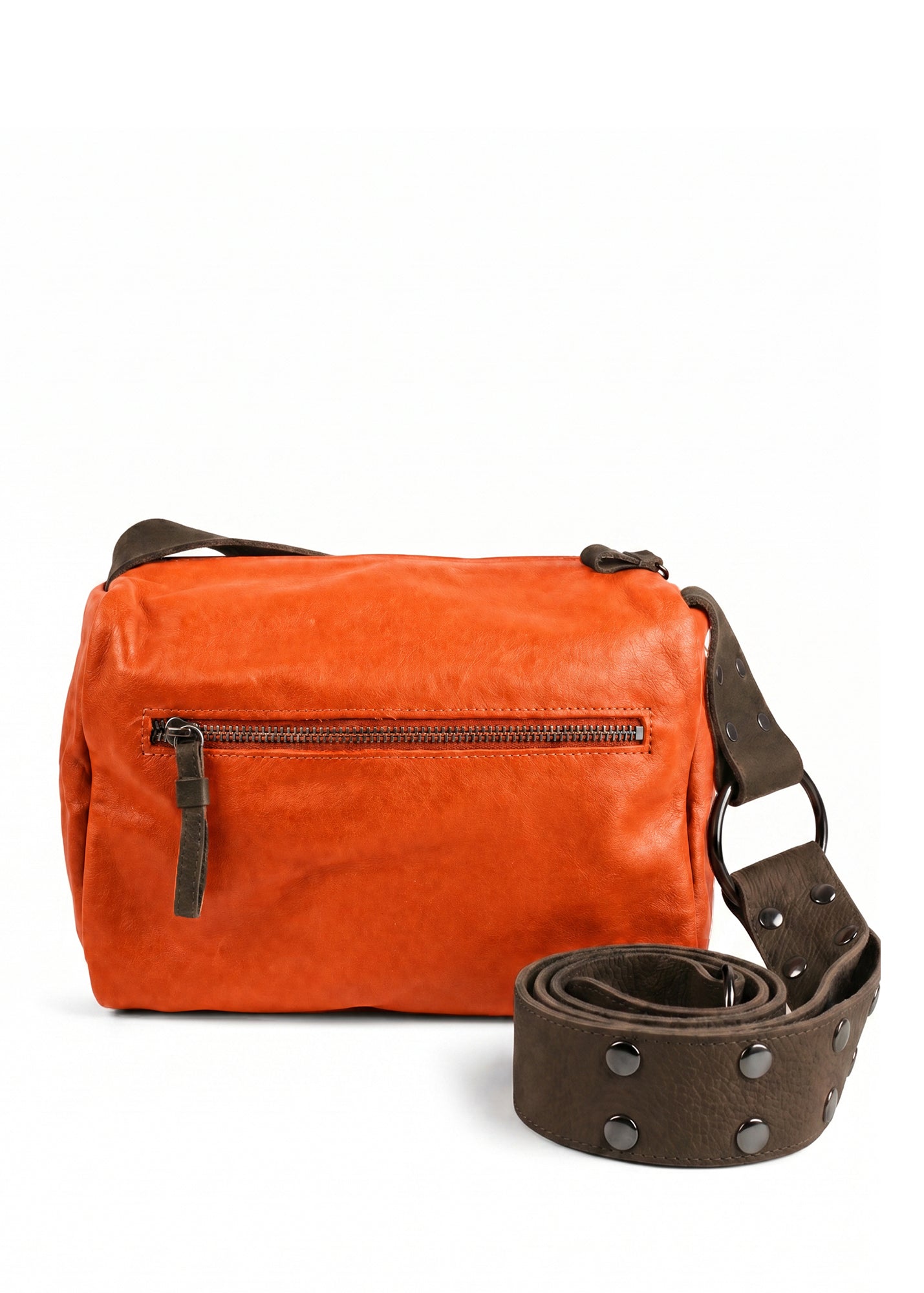 Leather strap bag with orange snaps