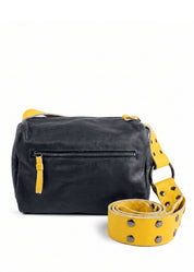 Leather bag, strap with snap fasteners, mustard